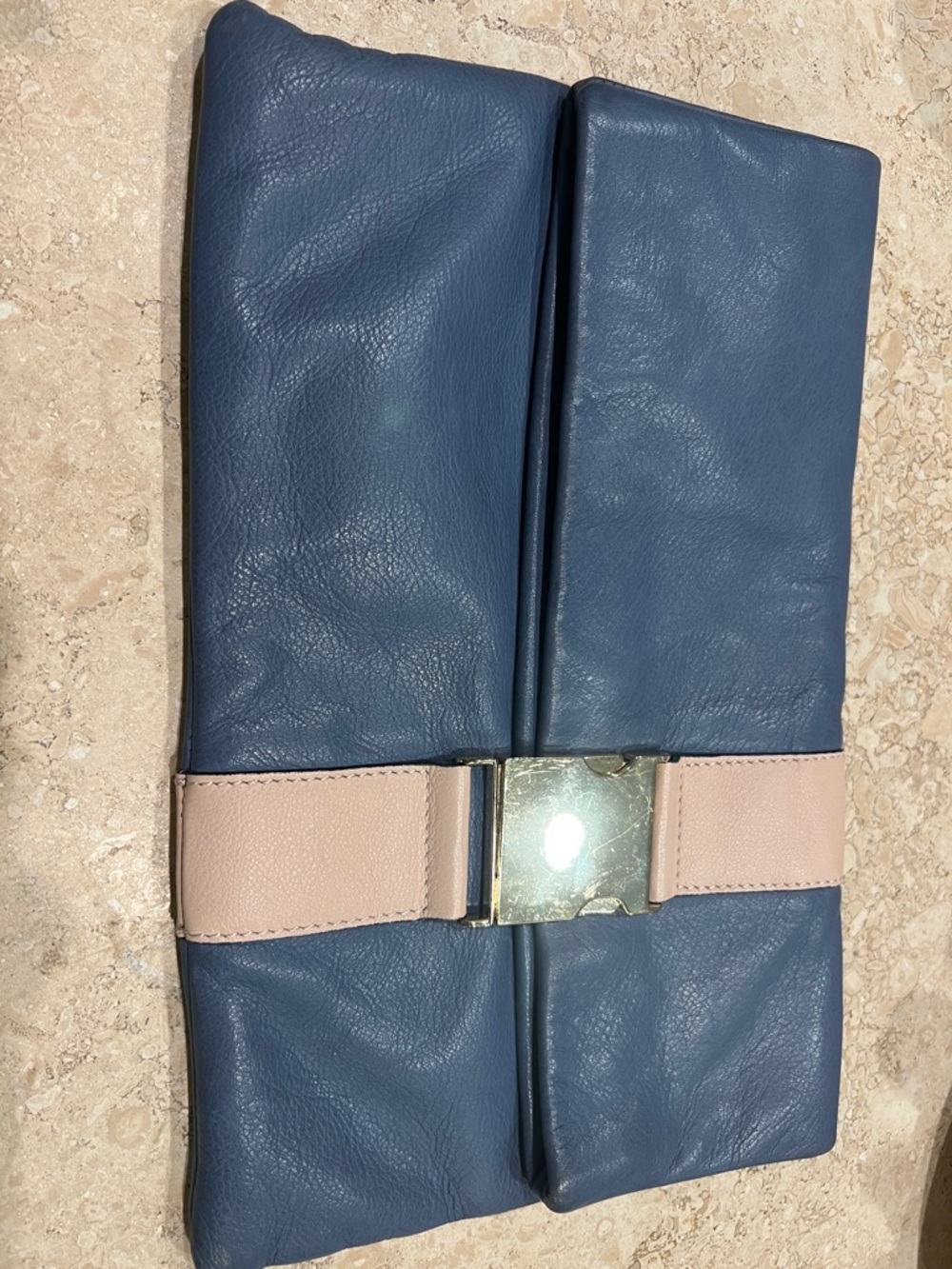 Leather & Other Stories buckle clutch blue and beige